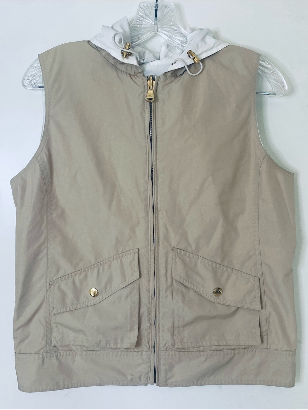 Lauren Ralph Lauren Reversible Hooded Utility Vest Beige White Gold Zip